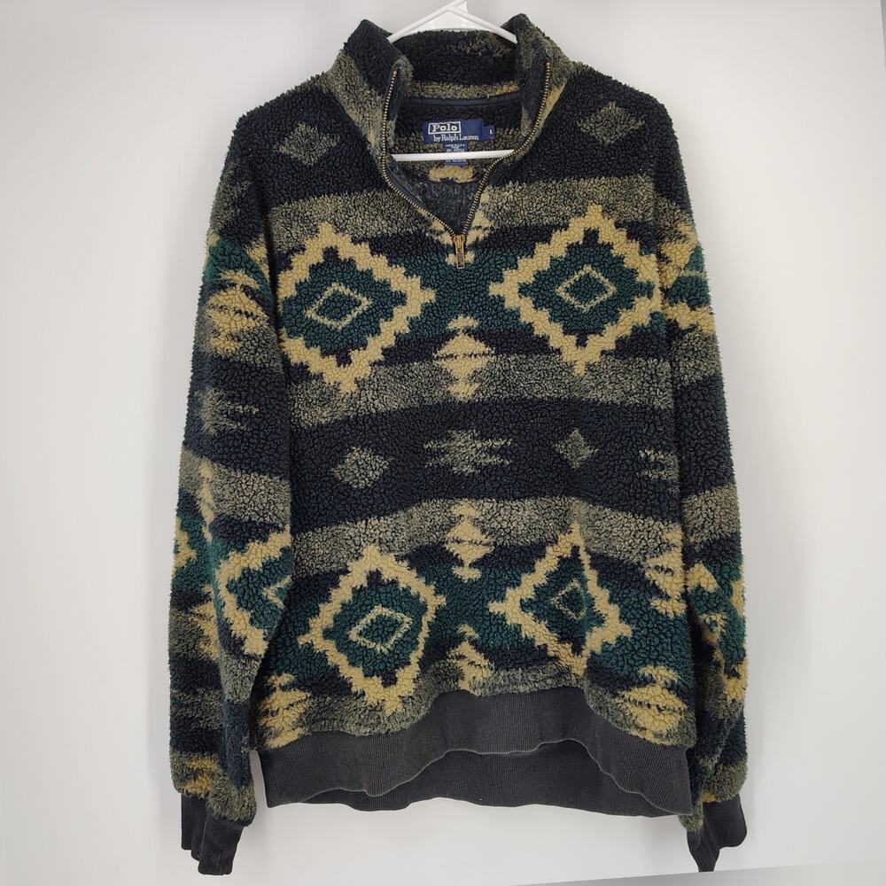 Vintage Polo Ralph Lauren Sweater Aztec Southwestern Sherpa Fleece Pullover L - Picture 2 of 12